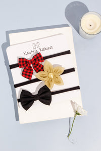 Flower & Bow Headband Set - Red, Golden & Black