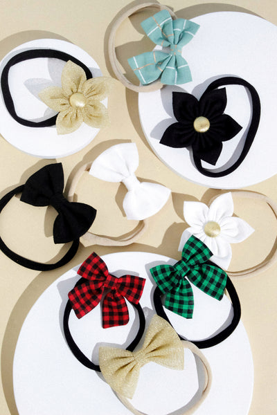 Flower & Bow Headband Set - Green, Black & White