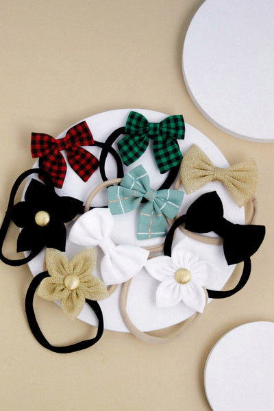 Flower & Bow Headband Set - Green, Black & White