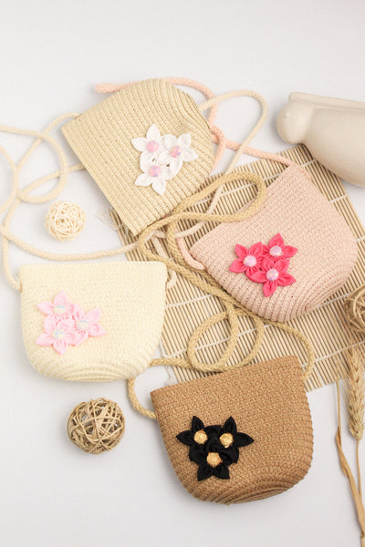 Kids Straw Sling Bag - Beige with White Flowers