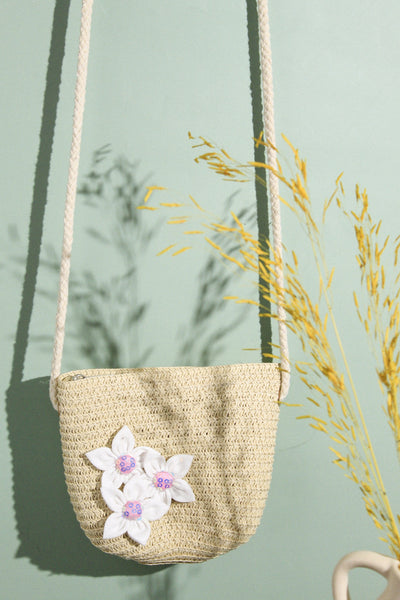 Kids Straw Sling Bag - Beige with White Flowers