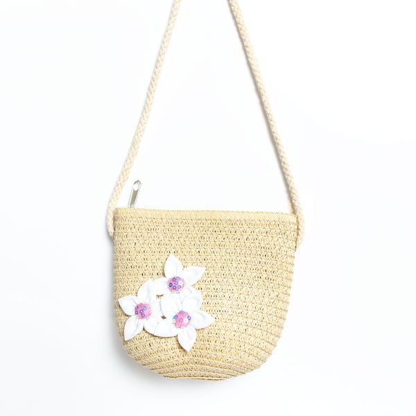 Kids Straw Sling Bag - Beige with White Flowers