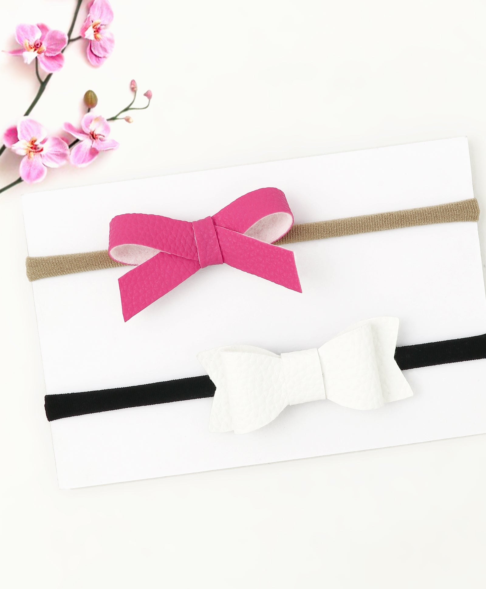 Leather Bow & Knot Headband Set - Pink & White