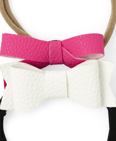 Leather Bow & Knot Headband Set - Pink & White