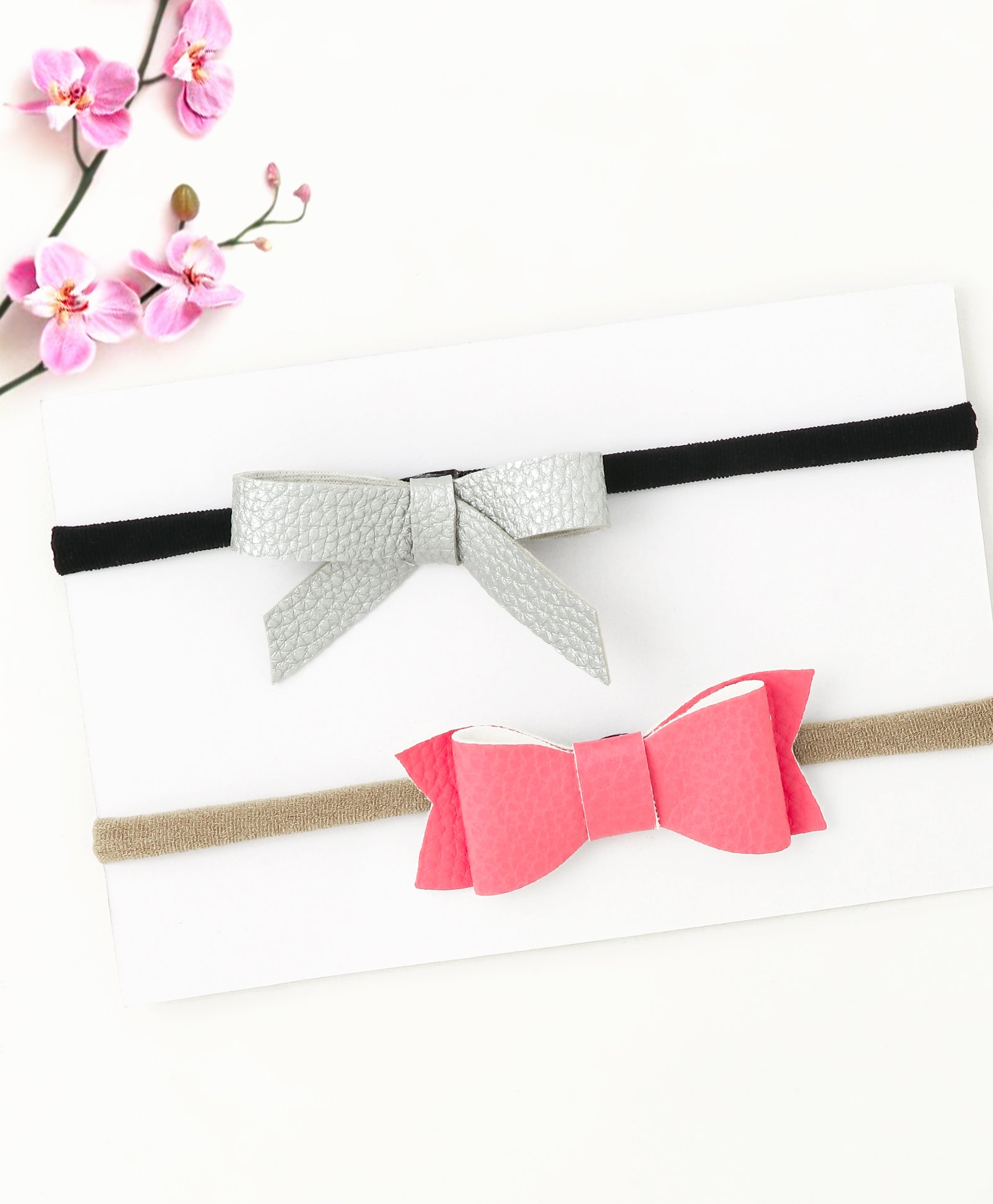 Leather Bow & Knot Headband Set - Silver & Pink