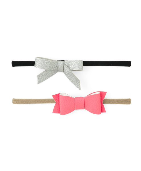 Leather Bow & Knot Headband Set - Silver & Pink