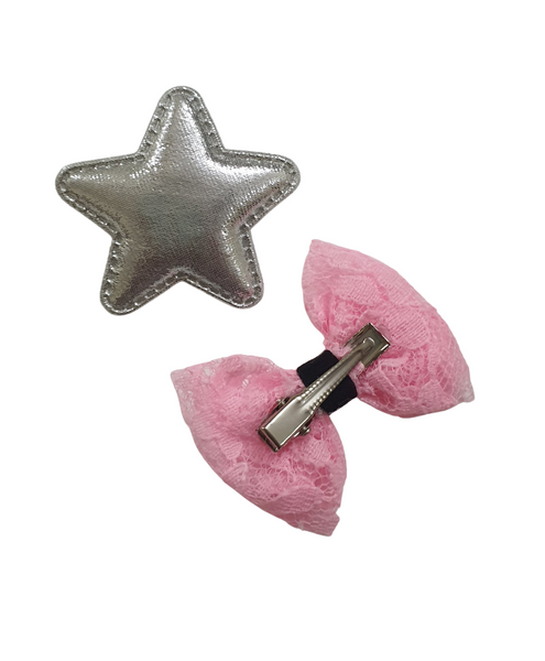 Star & Bow Alligator Hair Clips - Silver & Light Pink