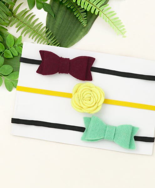 Rose & Bow Headband Set  - Maroon, Neon Yellow & Mint Green