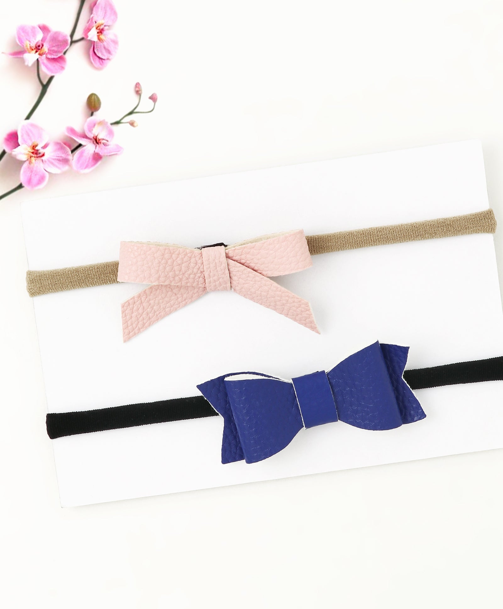 Leather Bow & Knot Headband Set - Light Pink & Blue