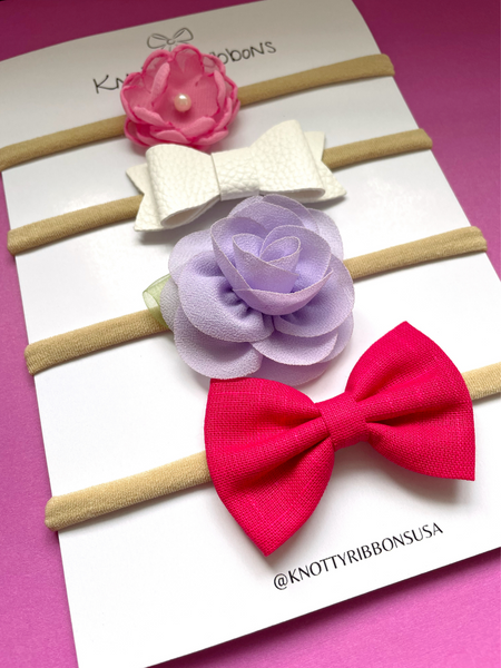 Flower & Bow Headband Set- Pink, Silver & Lavender