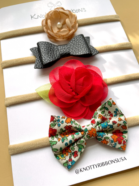 Flower & Floral Bow Headband Set- Brown, Black & Red