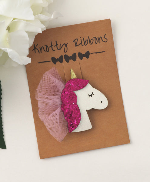 Glitter Unicorn Alligator Clip - Dark Pink