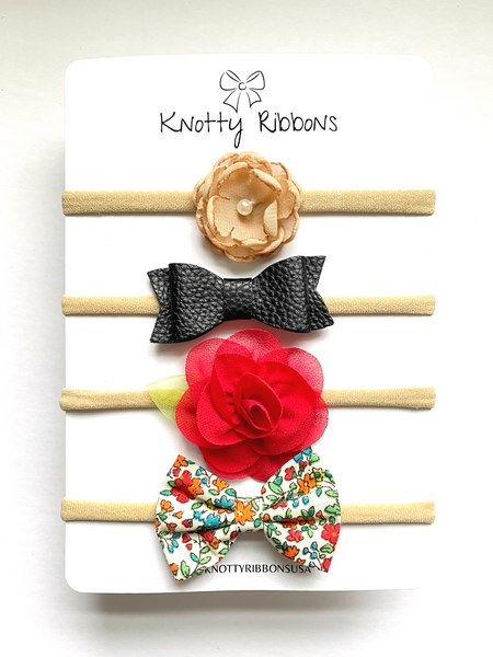 Flower & Floral Bow Headband Set- Brown, Black & Red