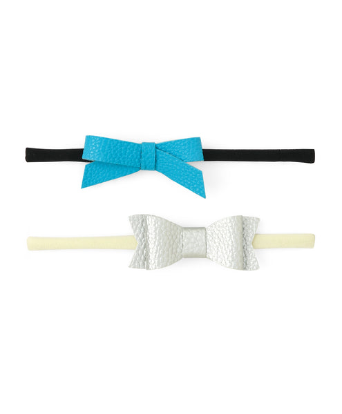 Leather Bow & Knot Headband Set - Light Blue & Silver