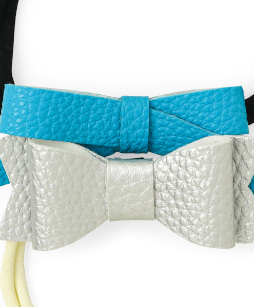 Leather Bow & Knot Headband Set - Light Blue & Silver