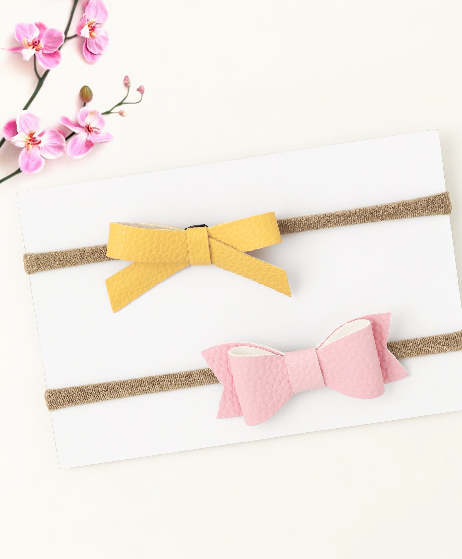 Leather Bow & Knot Headband Set - Yellow & Light Pink