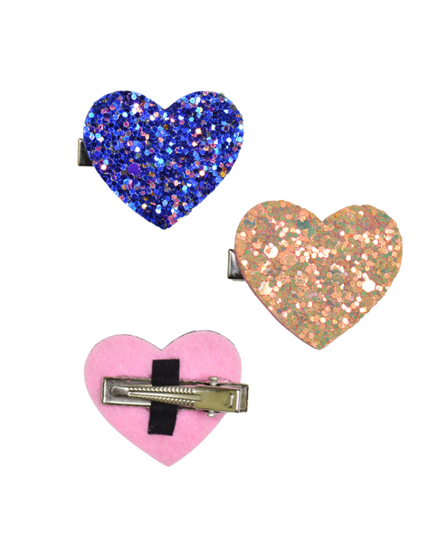 Glitter Heart Alligator Clip Set - Dark Blue, Peach & Multi-Colored