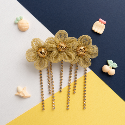 Tulle Three Flower Alligator Hair Clip- Golden