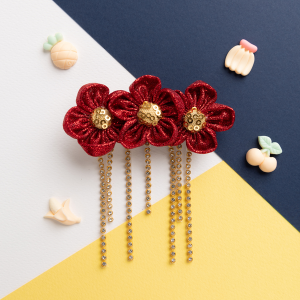 Glitter Three Flower Alligator Hair Clip- Red & Golden