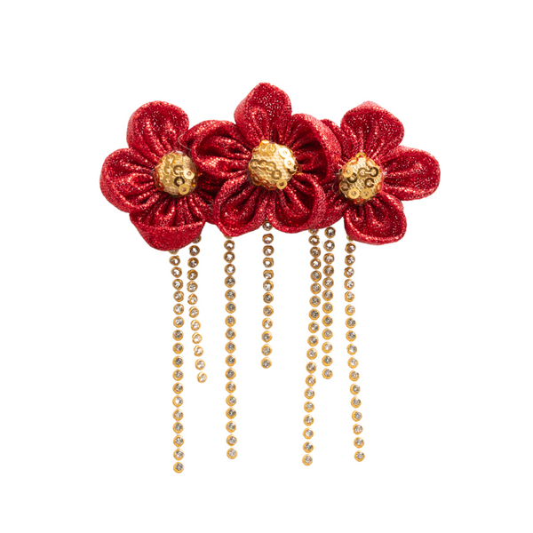 Glitter Three Flower Alligator Hair Clip- Red & Golden