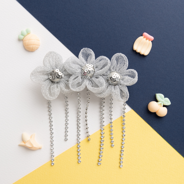 Tulle Three Flower Alligator Hair Clip- Silver