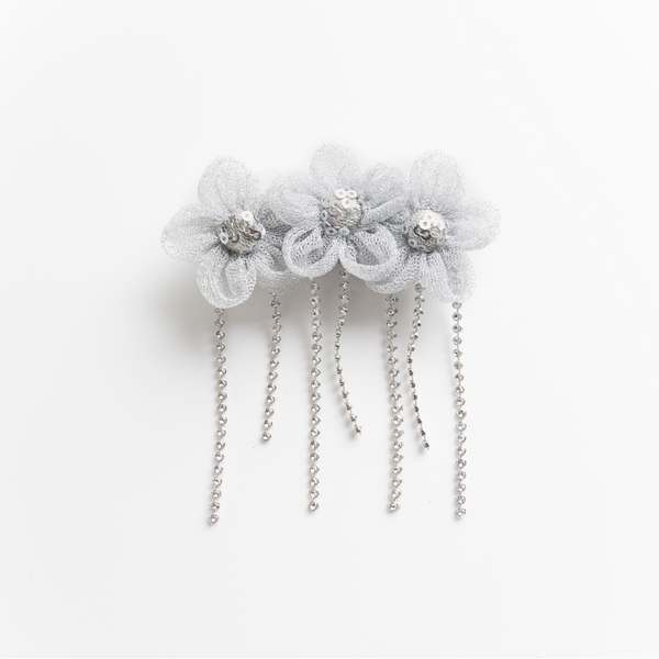 Tulle Three Flower Alligator Hair Clip- Silver