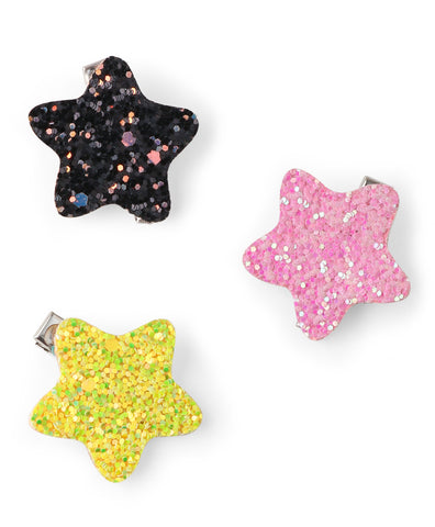 Glitter Star Alligator Clip Set - Black, Light Pink & Yellow