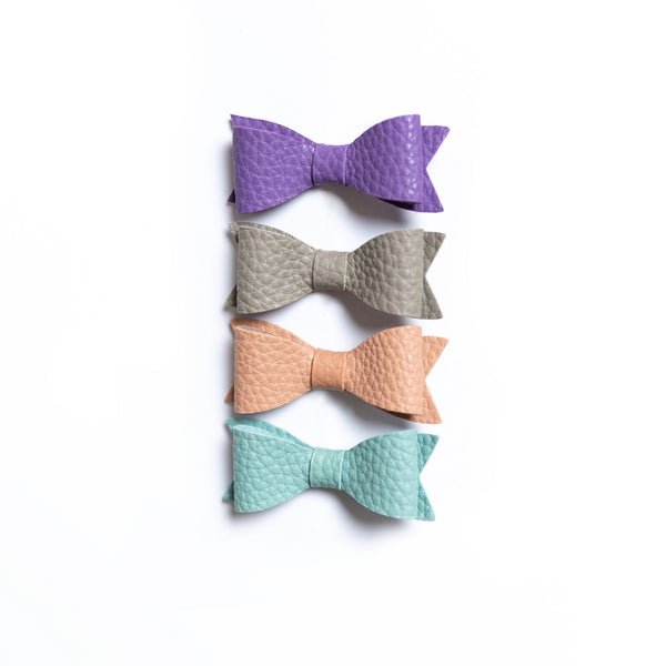 Petite Leather Mini Bow Hair Clip Set- Purple, Grey, Antique Pink & Aqua