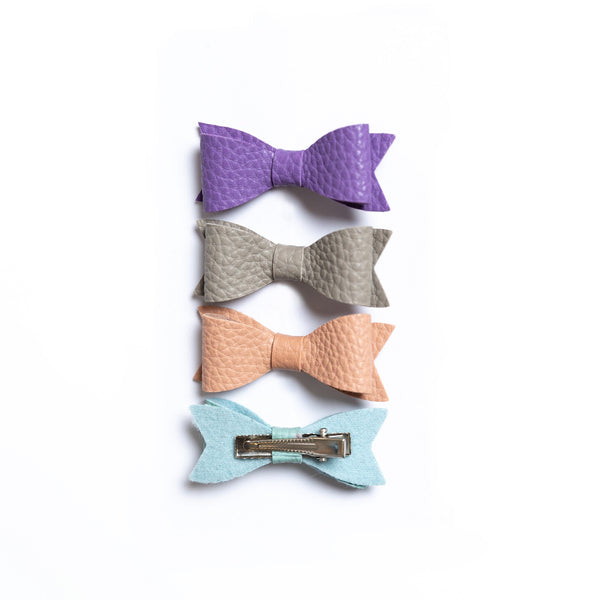 Petite Leather Mini Bow Hair Clip Set- Purple, Grey, Antique Pink & Aqua