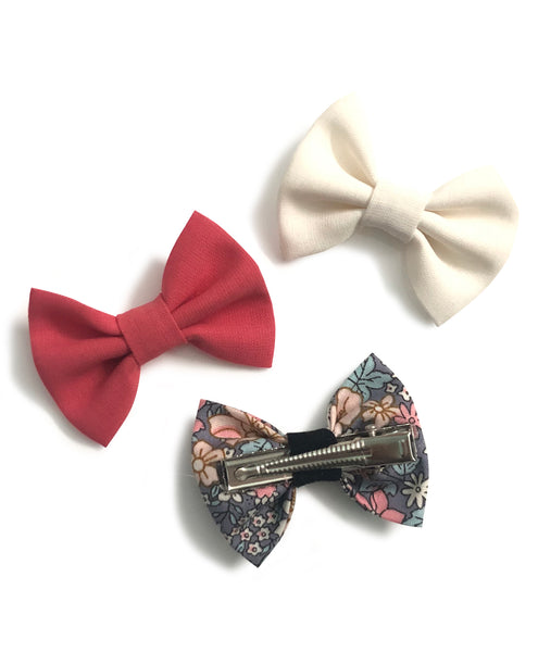 Mini Bow Alligator Clips - White, Pink & Grey