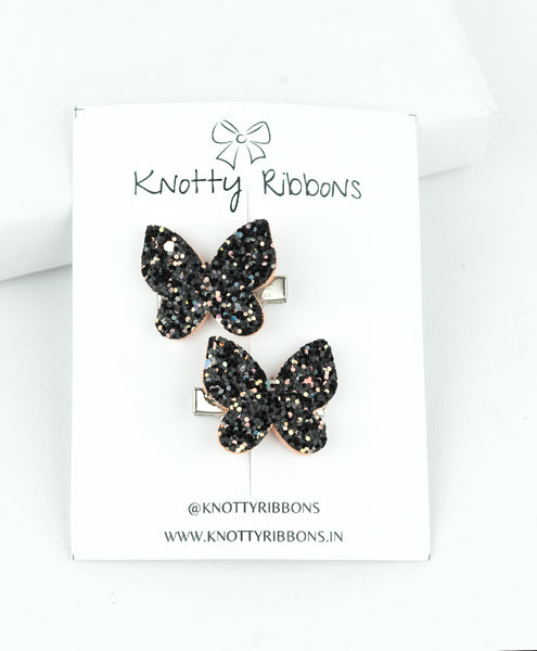 Glitter Butterfly Hair Clips - Black