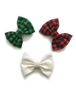 Checks Mini Bow Alligator Clips - White, Red & Green