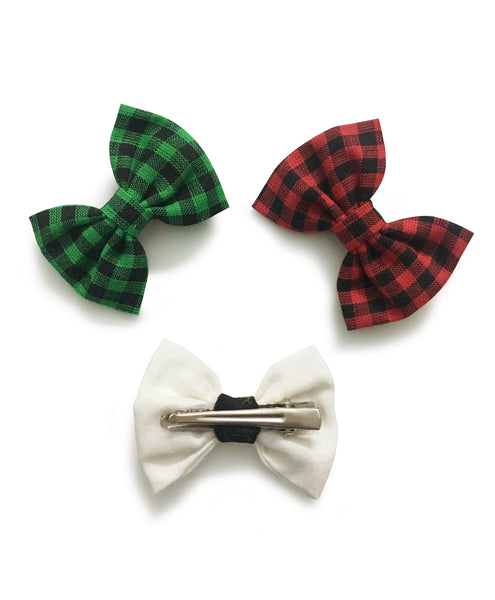 Checks Mini Bow Alligator Clips - White, Red & Green