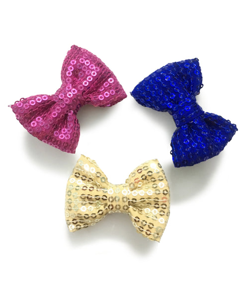 Mini Sequin Bow Alligator Clip Set - Pink Blue & Beige