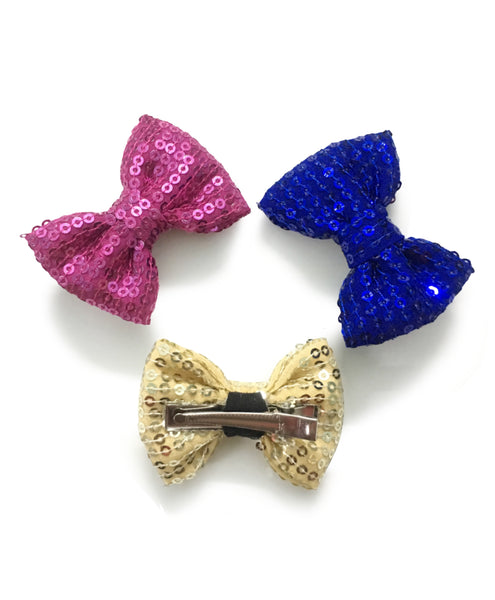 Mini Sequin Bow Alligator Clip Set - Pink Blue & Beige