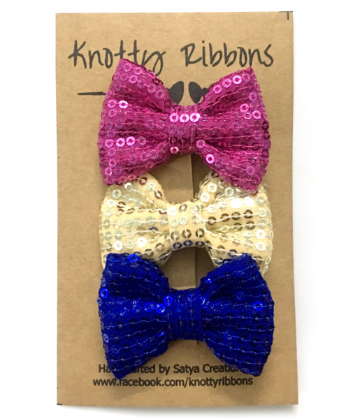 Mini Sequin Bow Alligator Clip Set - Pink Blue & Beige