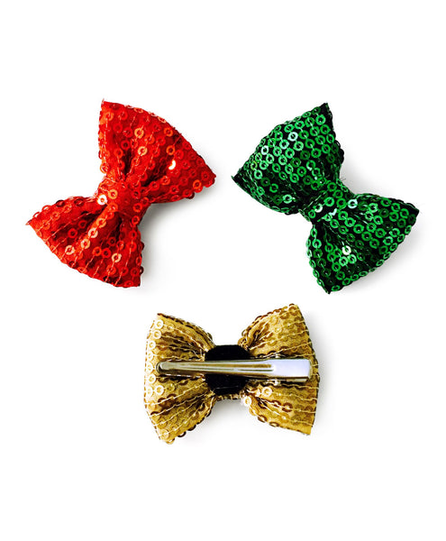 Mini Sequin Bow Alligator Clip Set - Red, Green & Golden