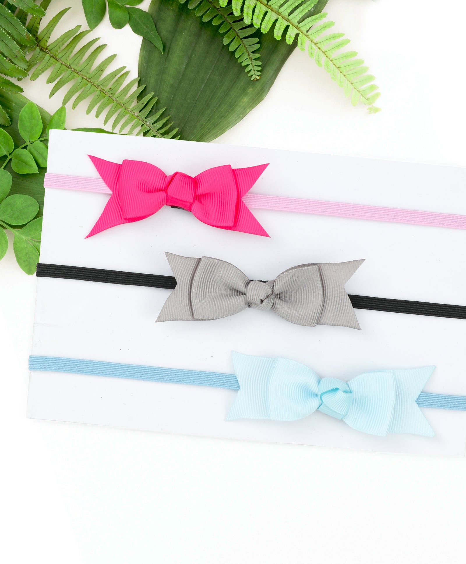 Mini Knot Bow Headband Set - Dark Pink, Grey & Light Blue