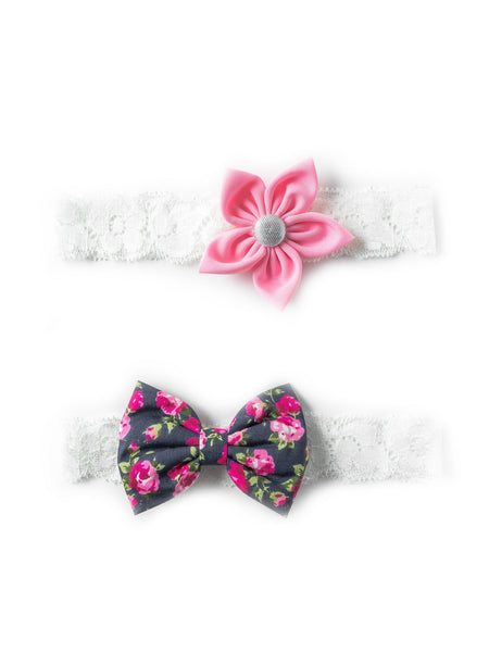 Flower & Bow Hairband Set - Floral & Light Pink