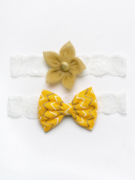 Ethnic Flower & Bow Hairband Set - Golden & Yellow