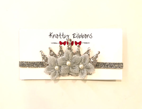 Shimmery Crown & Flower Elasticated Headband - Silver