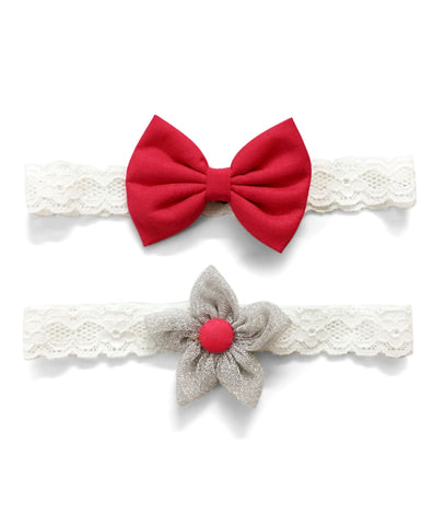 Flower & Bow Hairband Set - Silver & Dark Pink