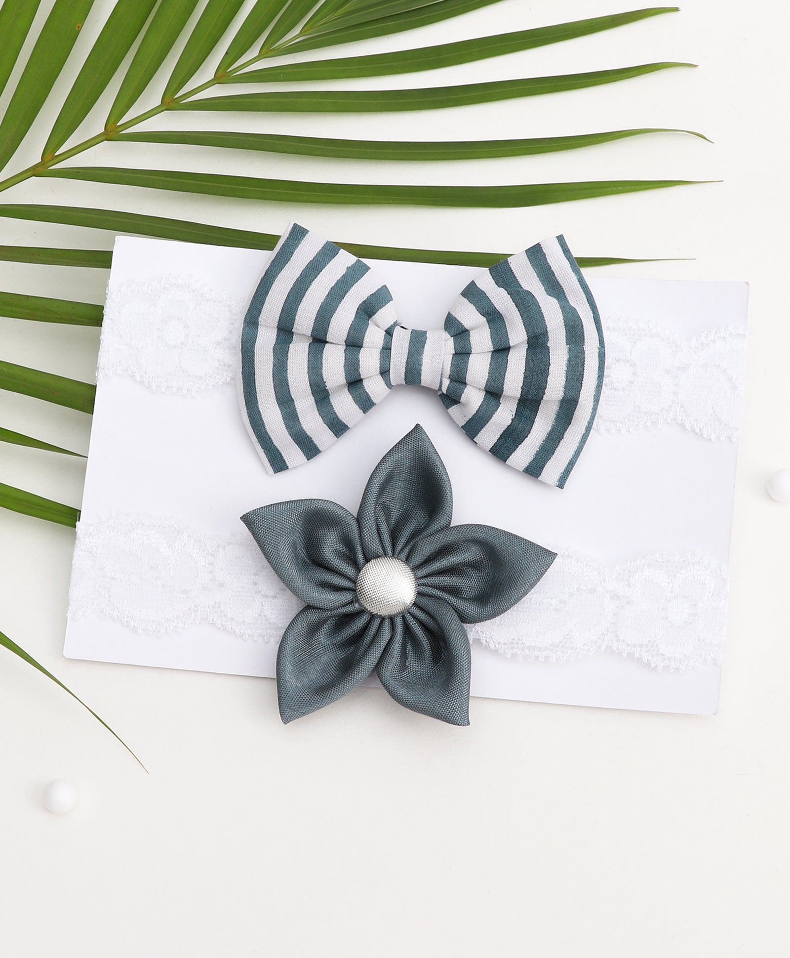 Flower & Striped Bow Hairband Set - Grey