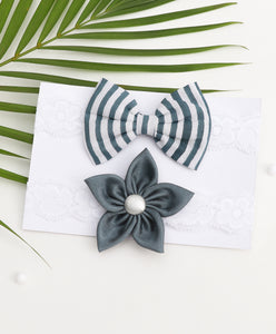 Flower & Striped Bow Hairband Set - Grey