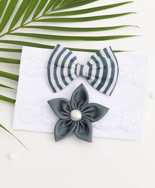 Flower & Striped Bow Hairband Set - Grey