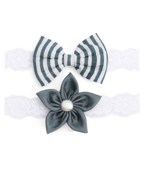 Flower & Striped Bow Hairband Set - Grey