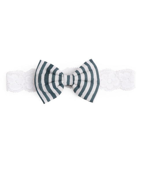 Flower & Striped Bow Hairband Set - Grey