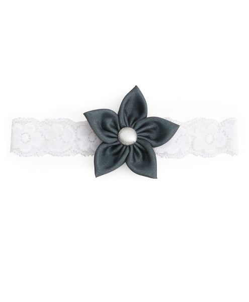 Flower & Striped Bow Hairband Set - Grey