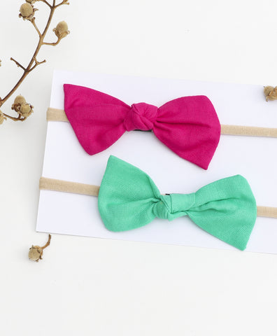 Knot Bow Headband Set - Dark Pink & Green