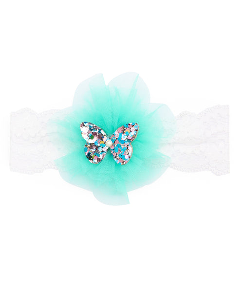 Glitter Butterfly on Pom Pom Headband - Light Blue